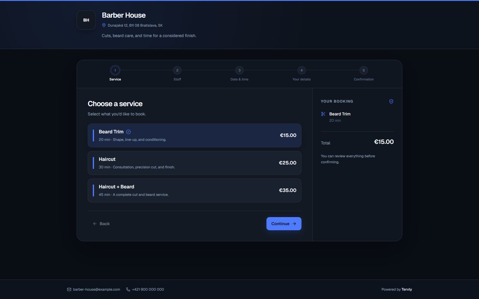 Tervly public booking experience for the fictional Barber House demo business with service selection and booking summary