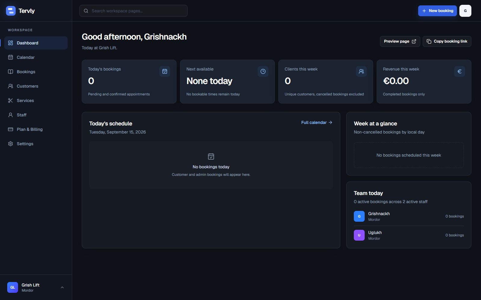 Tervly business dashboard with the complete workspace sidebar, metrics, schedule and team overview